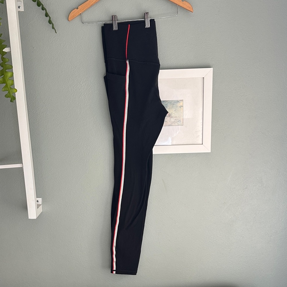 EUC Athleta Salutation Stash Tipped Tight, large tall, black with red/white stri